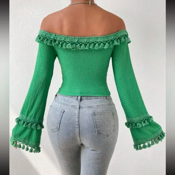 Boho Off Shoulder Flare Long Sleeve Fringe Tassel Cropped Top Blouse Shirt - Picture 2 of 7